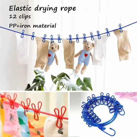 Portable Elastic Travel Clothesline with 12 Integrated Clips - Adjustable Outdoor & Indoor Laundry Drying Rope