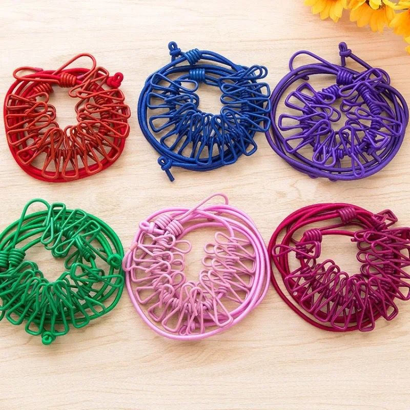 Portable Elastic Travel Clothesline with 12 Integrated Clips - Adjustable Outdoor & Indoor Laundry Drying Rope