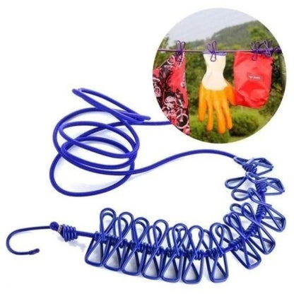 Portable Elastic Travel Clothesline with 12 Integrated Clips - Adjustable Outdoor & Indoor Laundry Drying Rope