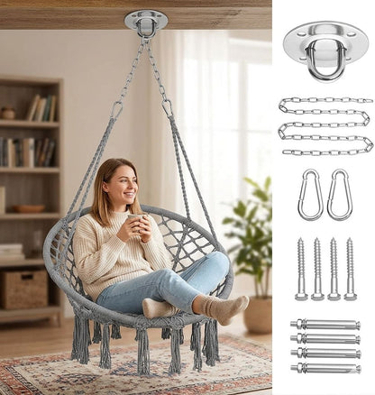 Premium Macrame Hammock Swing Chair with Round Cushion - Boho Indoor & Outdoor Hanging Seat