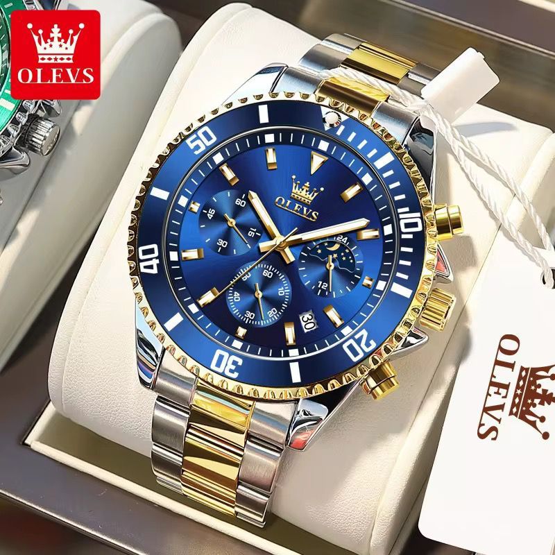 OLEVS Watch for Men Chronograph Business Diver Analog Quartz | Blue Two-Tone