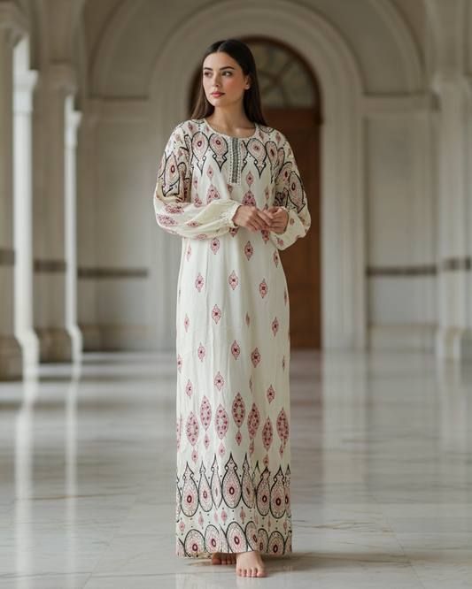 Ivory Ikat Print Jalabiya Maxi Dress – Bohemian Modest Wear for Women