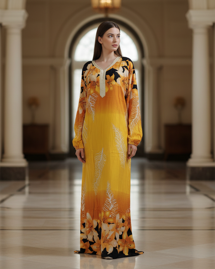 Mustard Yellow Floral Jalabiya Dress – Bold Modest Maxi Gown for Women