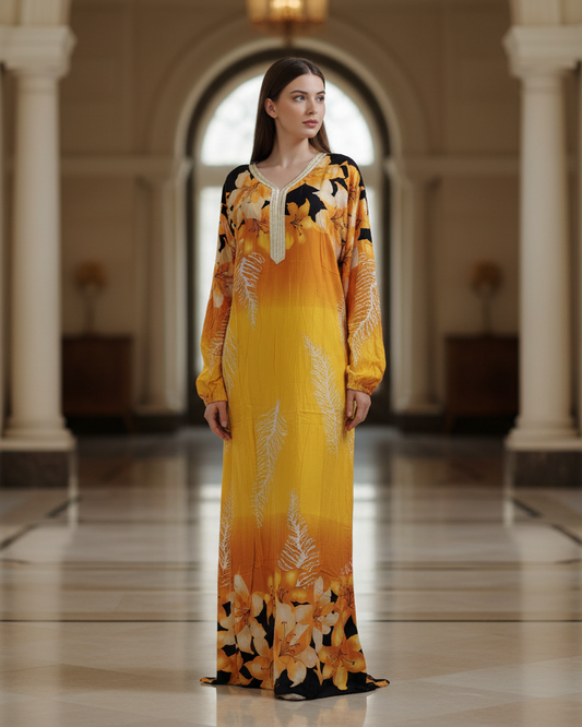 Mustard Yellow Floral Jalabiya Dress – Bold Modest Maxi Gown for Women