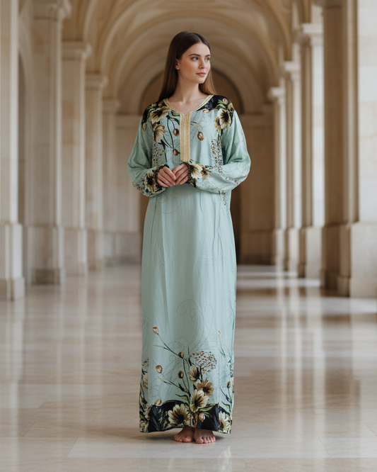 Mint Green Botanical Jalabiya Dress – Fresh Modest Maxi for Women