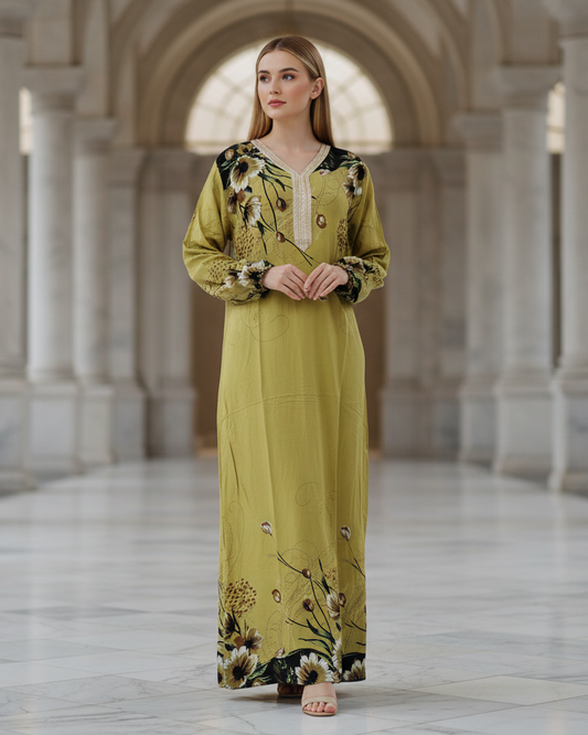 Olive Green Floral Jalabiya Maxi Dress – Chic Modest Wear for Women