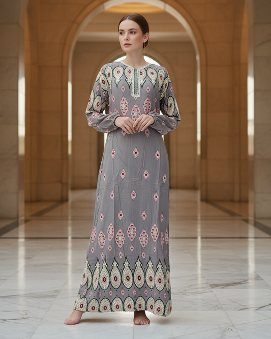 Grey Peacock Feather Print Jalabiya Dress – Elegant Modest Maxi Gown