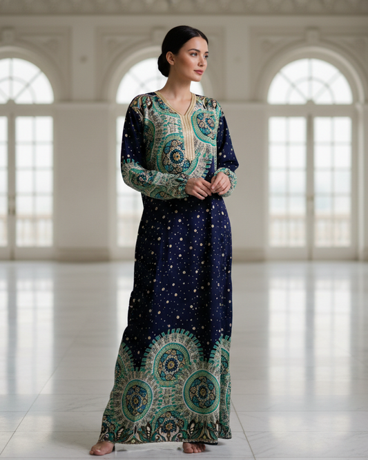 Navy Paisley Jalabiya Dress with Teal Border for Modest Elegance