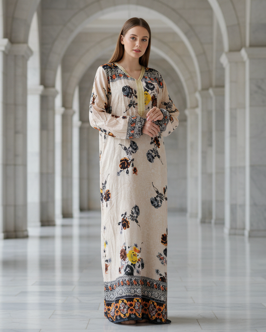Ivory Floral Jalabiya Dress with Border Print for Modest Occasionwear