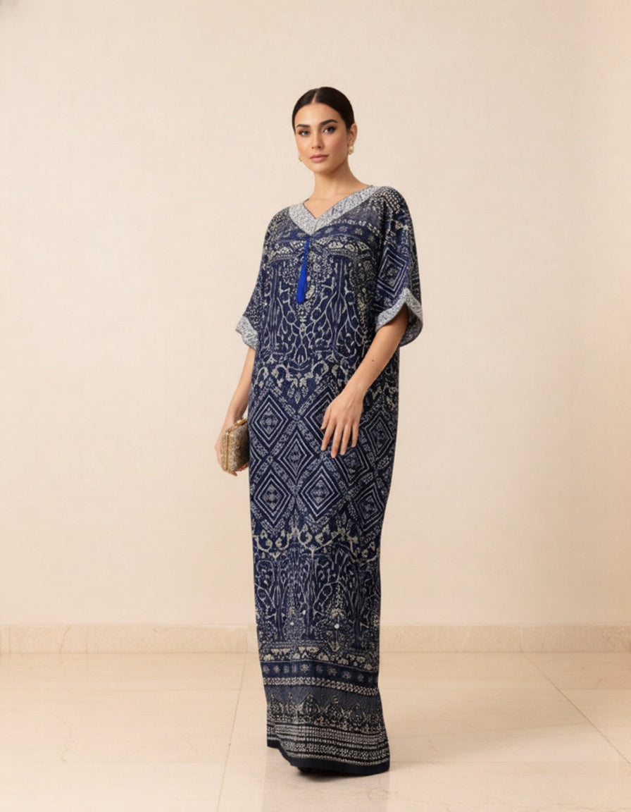 Indigo Blue Ornate Print Jalabiya Gown – Luxury Modest Wear for Women