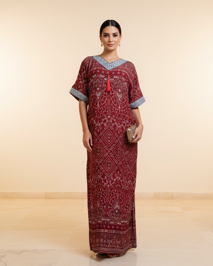 Maroon Printed Jalabiya Dress – Royal Modest Maxi Gown for Women