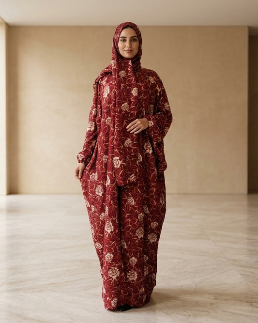 Maroon Rose Print Prayer Dress with Hijab – Modest Abaya for Women