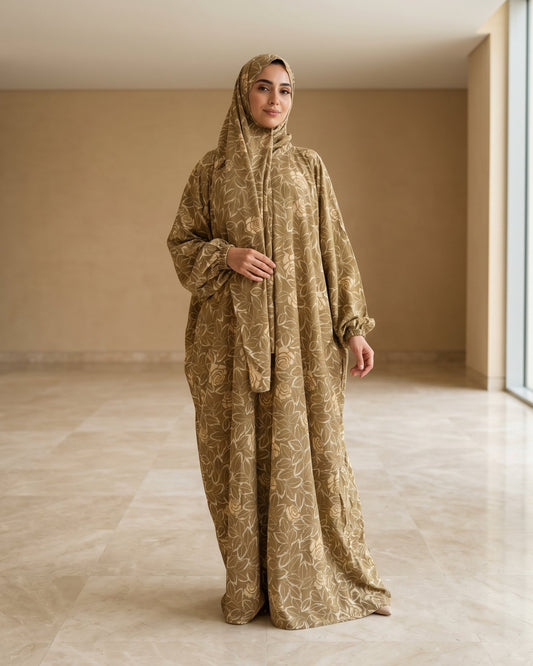 Beige Rose Print Prayer Dress with Hijab – Elegant Modest Abaya