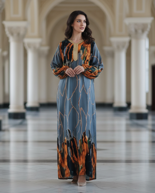 Slate Blue Abstract Jalabiya Dress for Modern Modest Evening Style