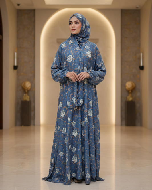 Blue Floral Print Prayer Dress with Hijab – Stylish Modest Dress for Women