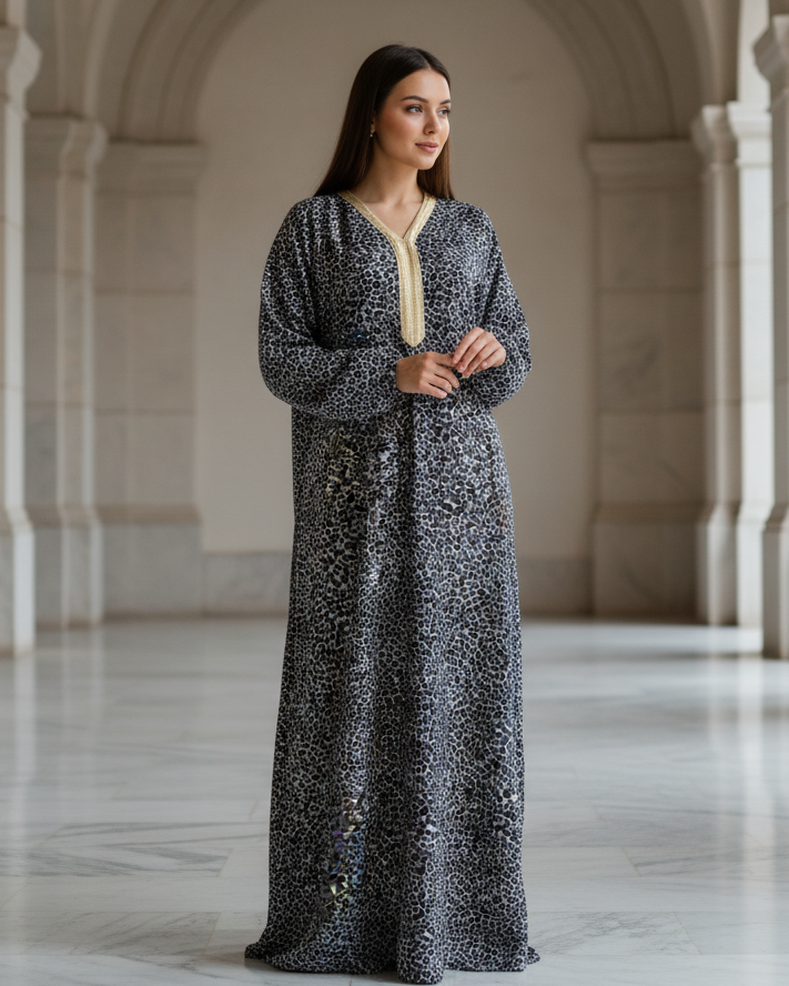 Black Leopard Print Jalabiya Dress for Chic Modest Everyday Wear