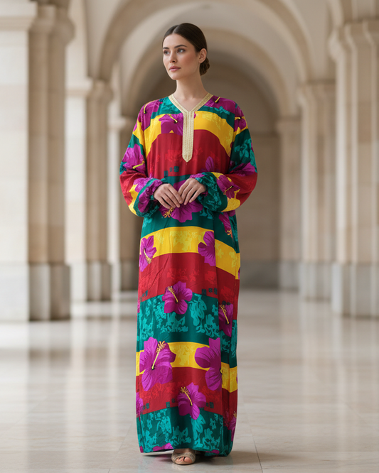 Colorful Hibiscus Jalabiya Dress for Tropical Modest Resort Wear