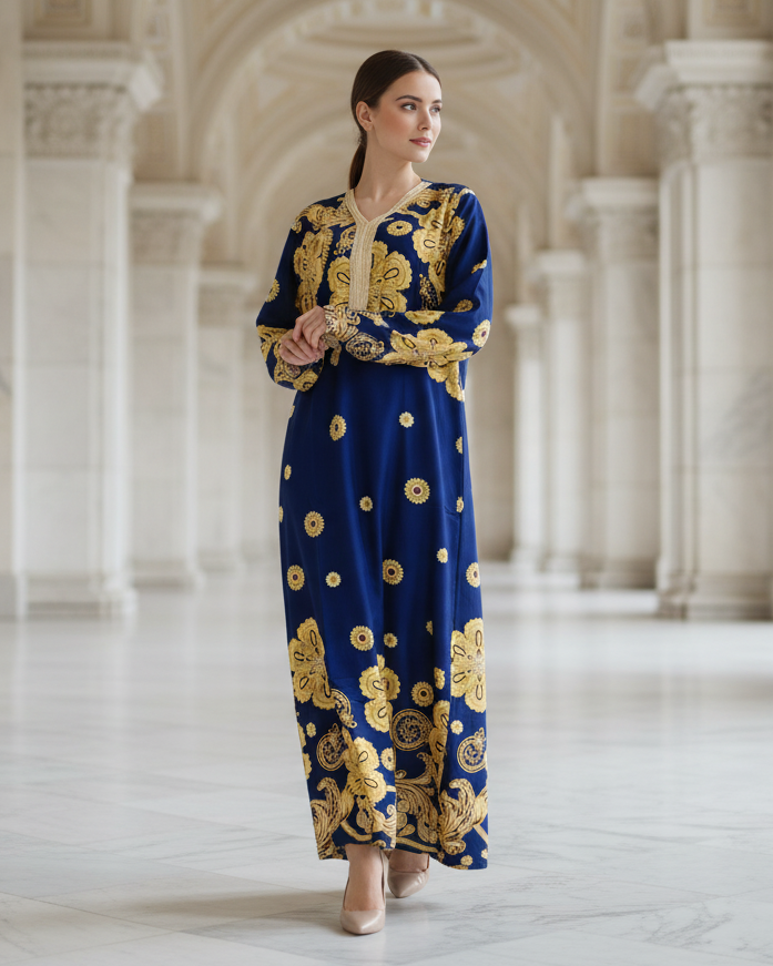 Royal Blue Gold Floral Jalabiya Dress for Luxury Modest Events