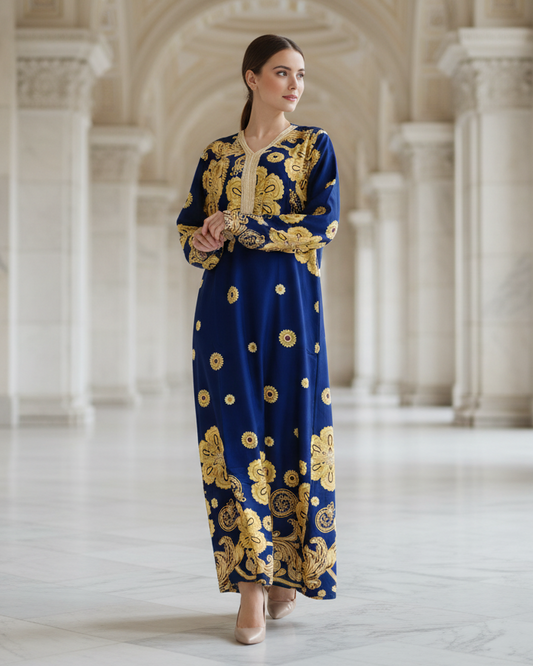 Royal Blue Gold Floral Jalabiya Dress for Luxury Modest Events
