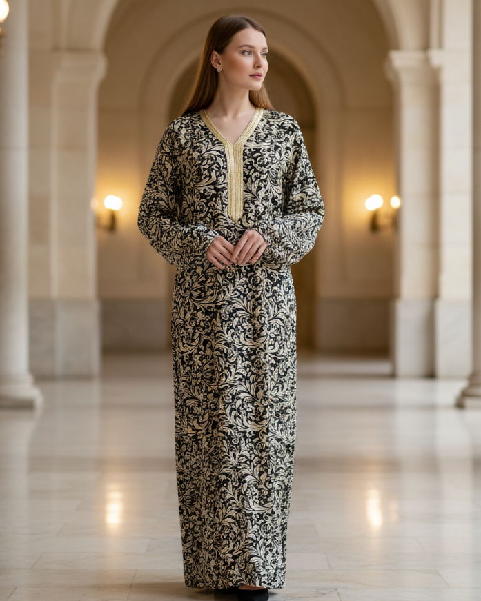 Black Ivory Damask Jalabiya Dress for Classic Modest Evening Wear