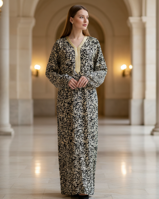 Black Ivory Damask Jalabiya Dress for Classic Modest Evening Wear