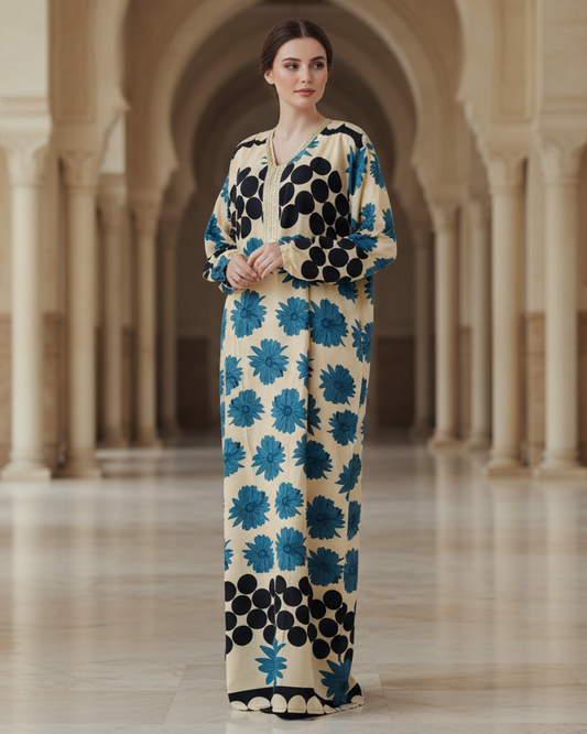 Cream Blue Floral Jalabiya Dress for Artistic Modest Daywear Style