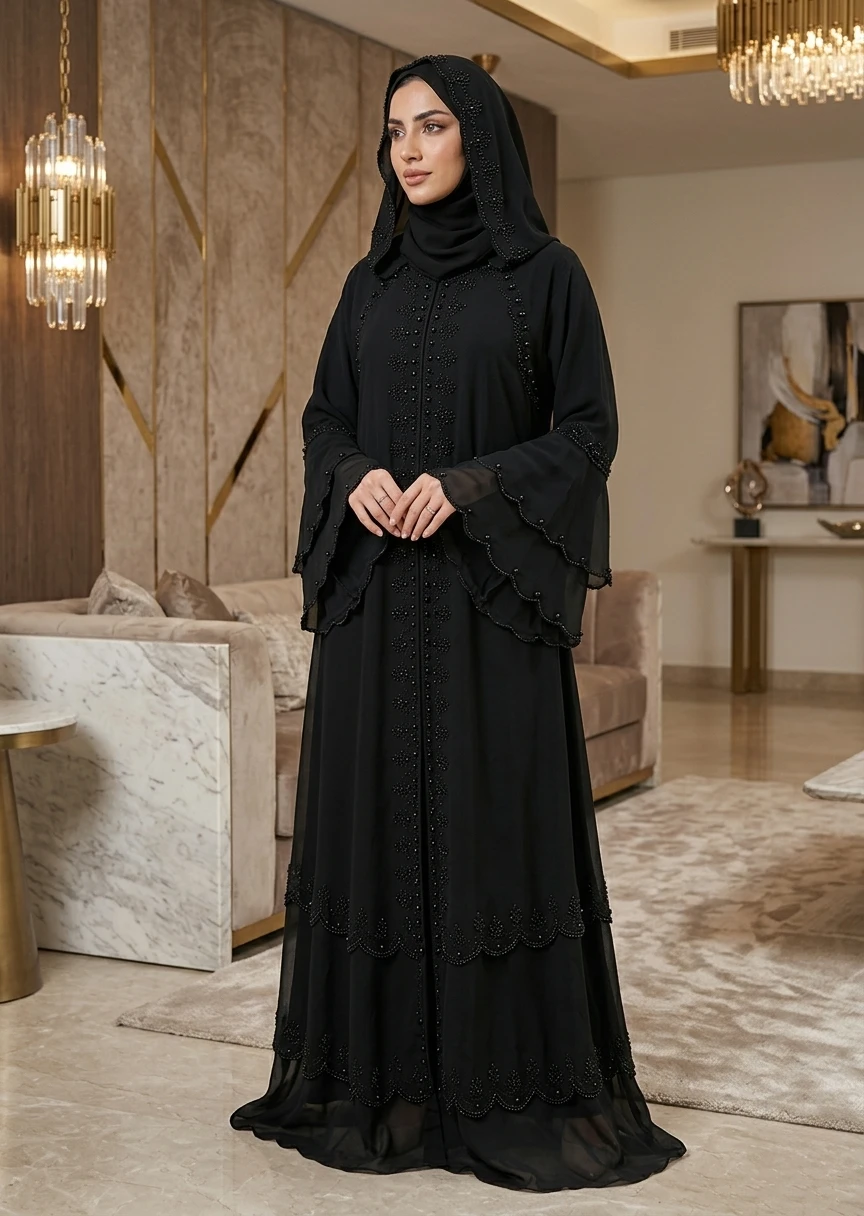 Black Hooded Layered Beaded Open Front Maxi Abaya for Women in Luxury Dubai Style