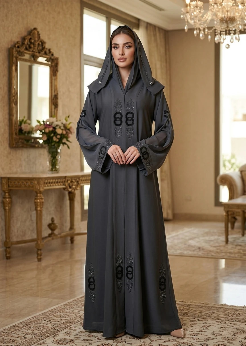 Charcoal Grey Hooded Crystal Embroidered Maxi Abaya for Women in Dubai Style