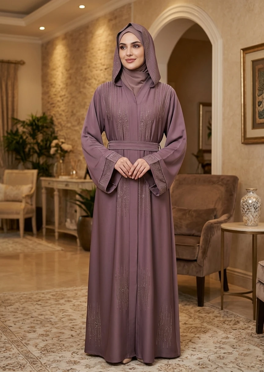 Dusty Mauve Hooded Belted Crystal Embellished Maxi Abaya for Women in Dubai Style