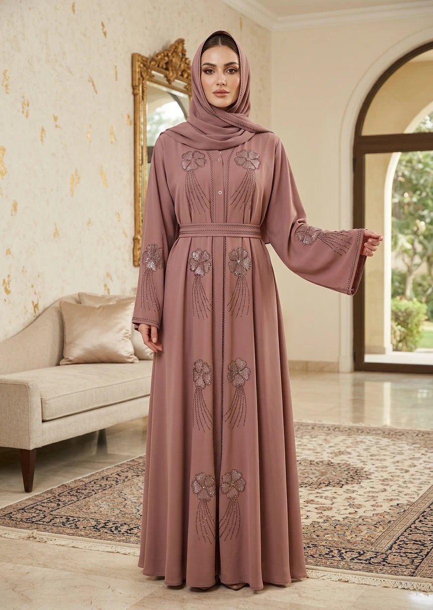 Dusty Rose Floral Embroidered Belted Maxi Abaya for Women with Elegant Dubai Style