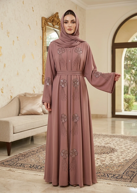 Dusty Rose Floral Embroidered Belted Maxi Abaya for Women with Elegant Dubai Style