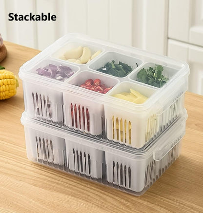 6-Compartment Fridge Storage Box with Removable Drain Baskets - Stackable Refrigerator Organizer for Fresh Produce & Spices