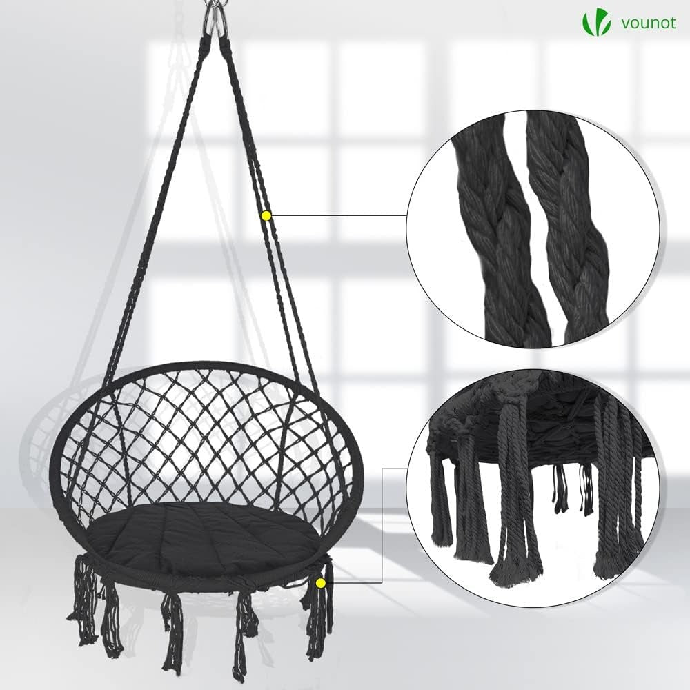 Premium Macrame Hammock Swing Chair with Round Cushion - Boho Indoor & Outdoor Hanging Seat