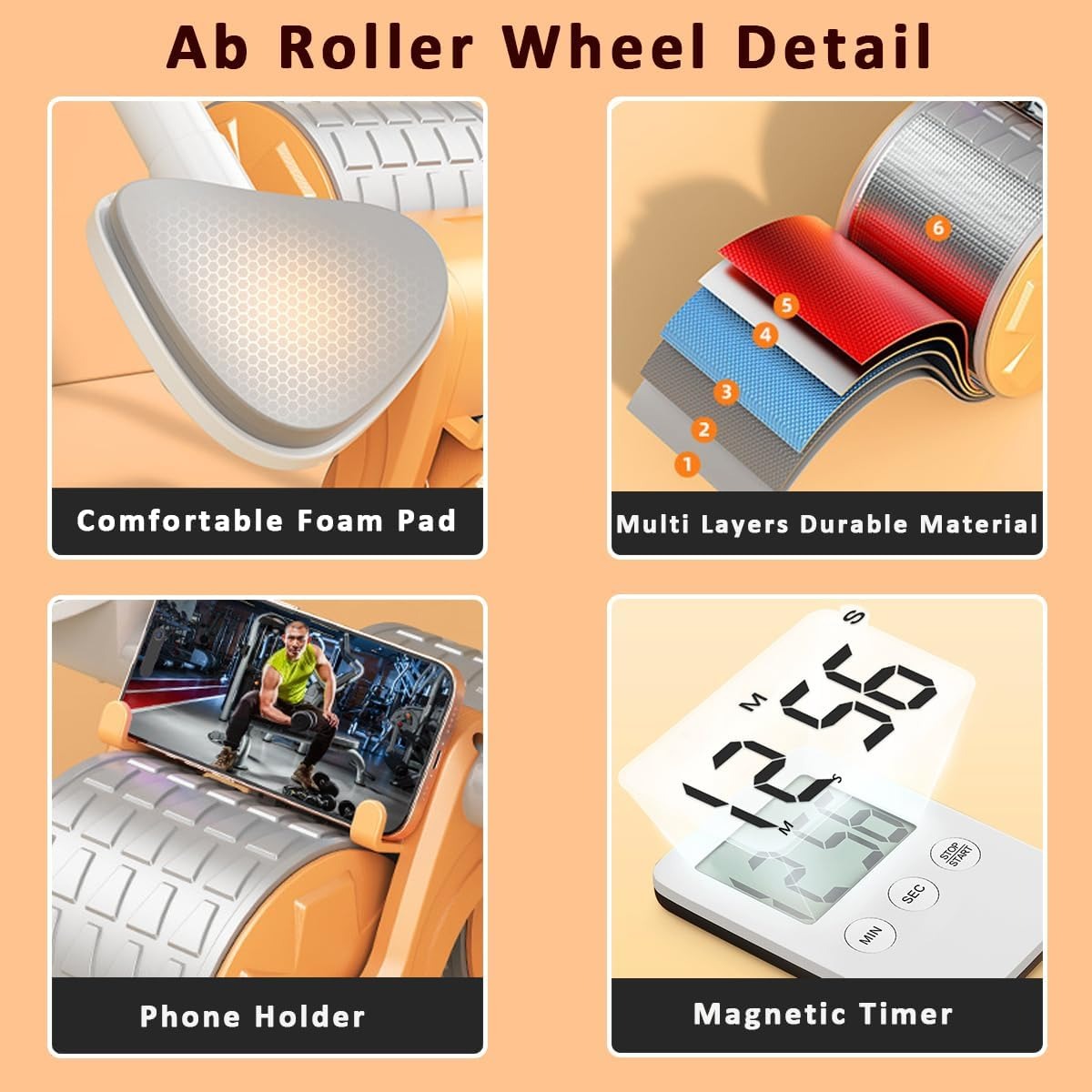 Automatic Rebound Ab Roller Wheel with Elbow Support - Double Wheel Core Trainer with Timer & Phone Holder
