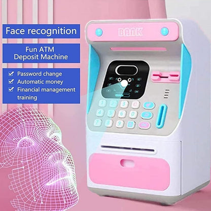 Interactive Electronic ATM Piggy Bank for Kids - Simulated Face Recognition & Automatic Money Scroll Safe (Pink/White)