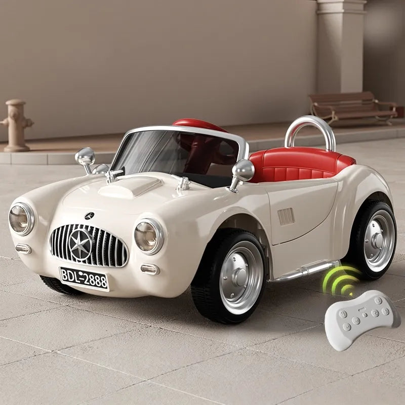Retro Classic Electric Car for Kids, with Music, Suitable for Boys and Girls, Can Be Sat on, Remote Controlled, and Rechargeable.