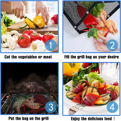 Reusable Non-Stick BBQ Mesh Grilling Bags with Snap Closures - Heat Resistant Outdoor Barbecue Accessories