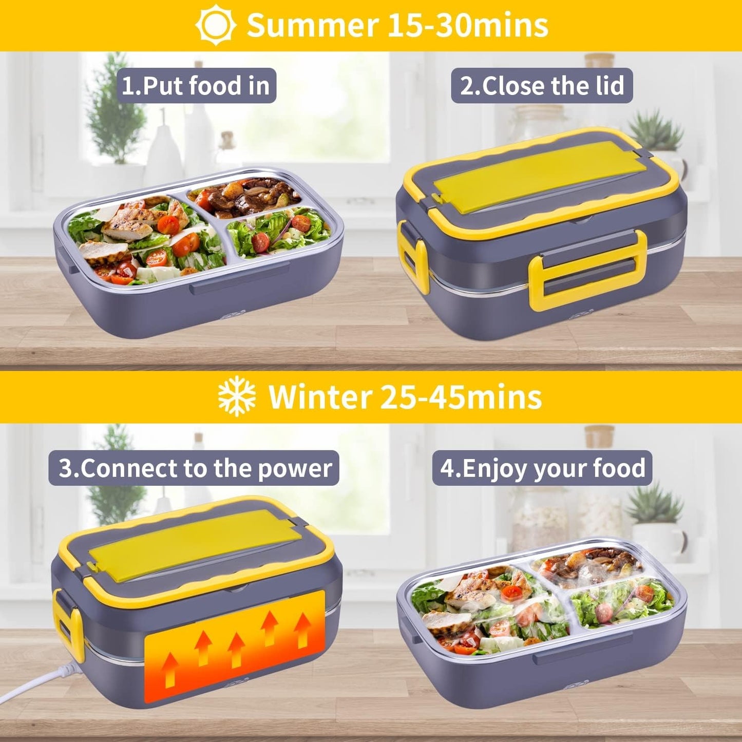 60W Electric Lunch Box Food Heater - 1.5L 3-Compartment Stainless Steel Portable Warmer for Car & Office