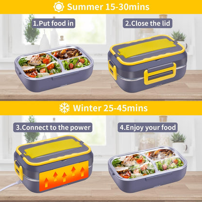 60W Electric Lunch Box Food Heater - 1.5L 3-Compartment Stainless Steel Portable Warmer for Car & Office
