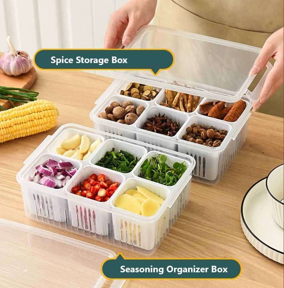 6-Compartment Fridge Storage Box with Removable Drain Baskets - Stackable Refrigerator Organizer for Fresh Produce & Spices