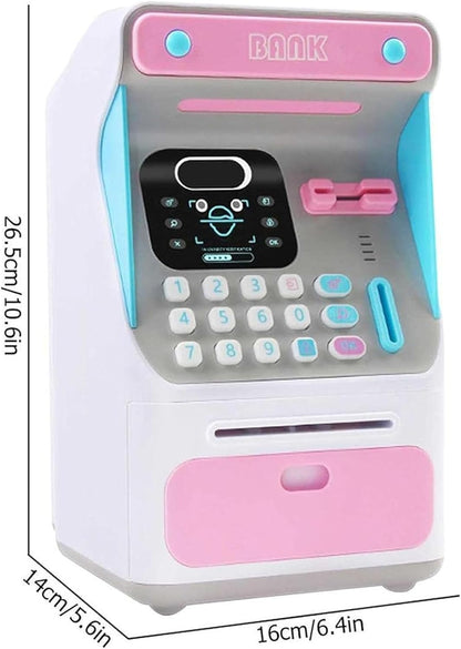 Interactive Electronic ATM Piggy Bank for Kids - Simulated Face Recognition & Automatic Money Scroll Safe (Pink/White)