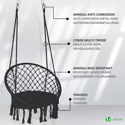 Premium Macrame Hammock Swing Chair with Round Cushion - Boho Indoor & Outdoor Hanging Seat