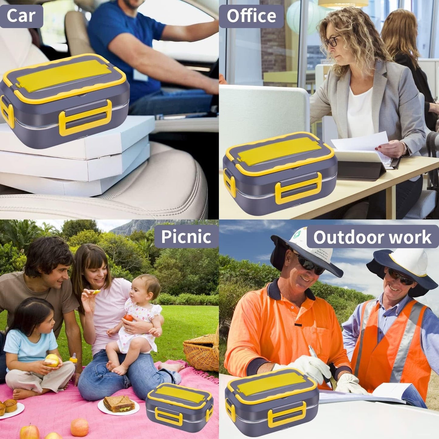 60W Electric Lunch Box Food Heater - 1.5L 3-Compartment Stainless Steel Portable Warmer for Car & Office