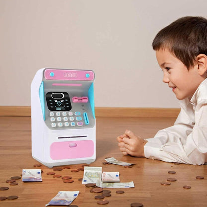 Interactive Electronic ATM Piggy Bank for Kids - Simulated Face Recognition & Automatic Money Scroll Safe (Pink/White)
