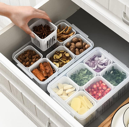 6-Compartment Fridge Storage Box with Removable Drain Baskets - Stackable Refrigerator Organizer for Fresh Produce & Spices