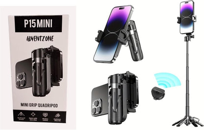P15 Mini Quadripod – Extendable 5-Section Smartphone Selfie Stick with Bluetooth Remote & Cold Shoe Mount