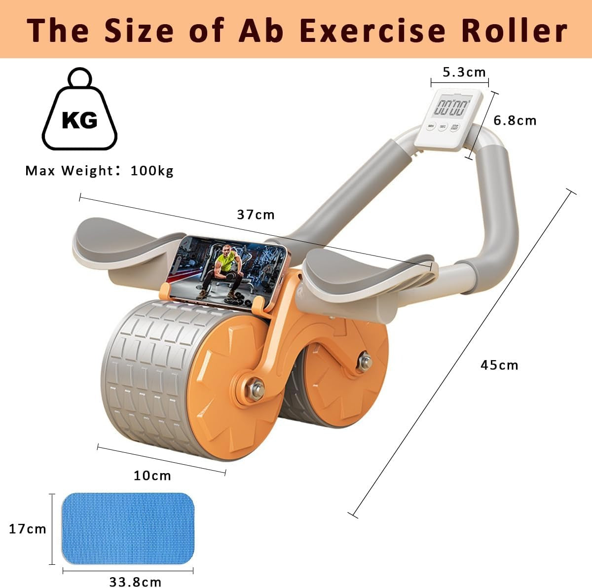 Automatic Rebound Ab Roller Wheel with Elbow Support - Double Wheel Core Trainer with Timer & Phone Holder