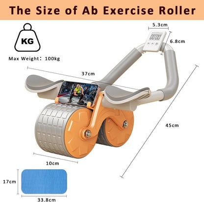 Automatic Rebound Ab Roller Wheel with Elbow Support - Double Wheel Core Trainer with Timer & Phone Holder