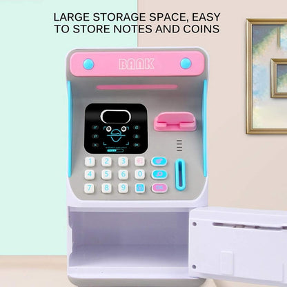 Interactive Electronic ATM Piggy Bank for Kids - Simulated Face Recognition & Automatic Money Scroll Safe (Pink/White)