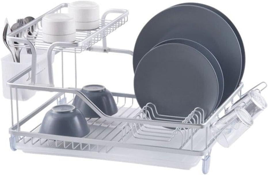 Premium 2-Tier Aluminum Dish Drying Rack with Removable Drainboard and Utensil Holder for Kitchen Countertops
